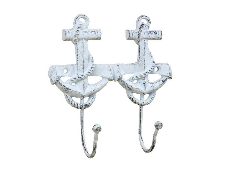 Rustic Whitewashed Cast Iron Decorative Anchor Hooks 7""