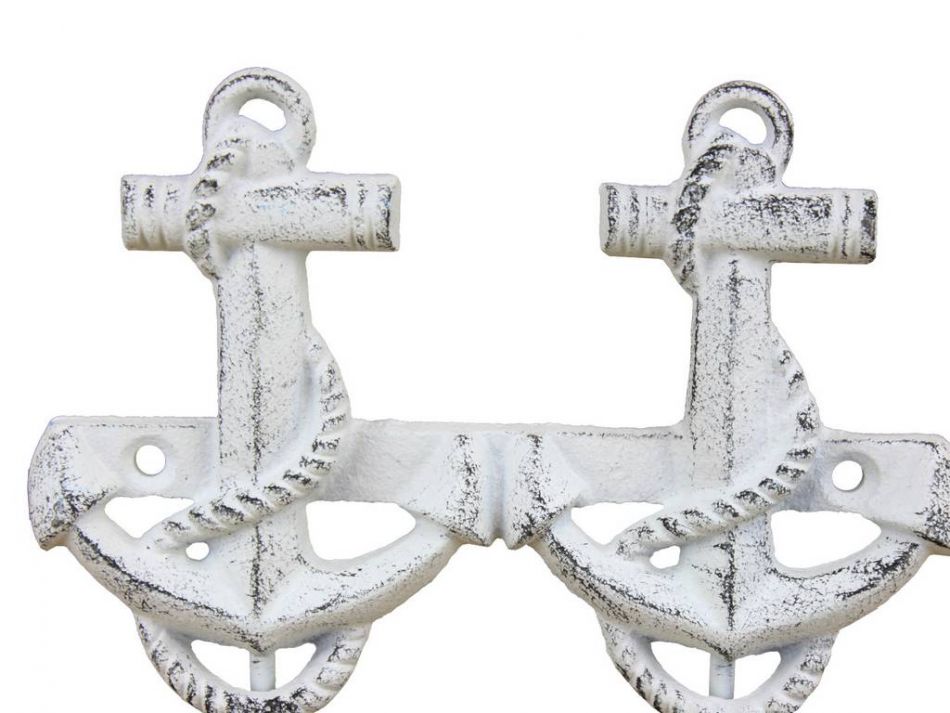 Rustic Whitewashed Cast Iron Decorative Anchor Hooks 7""