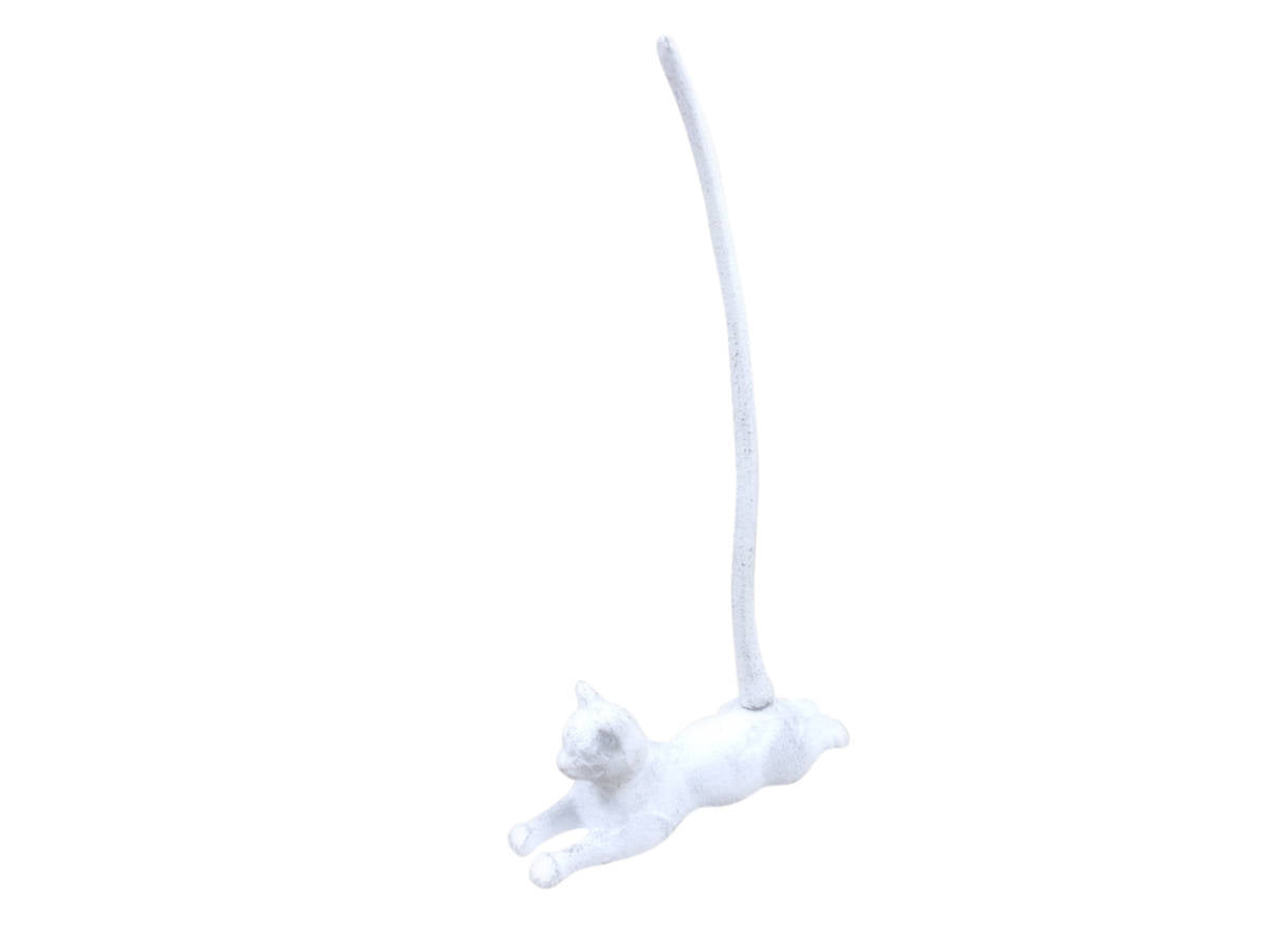 Whitewashed Cast Iron Sitting Cat Kitchen Paper Towel Holder 19""