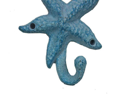Dark Blue Whitewashed Cast Iron Starfish Hook 4""