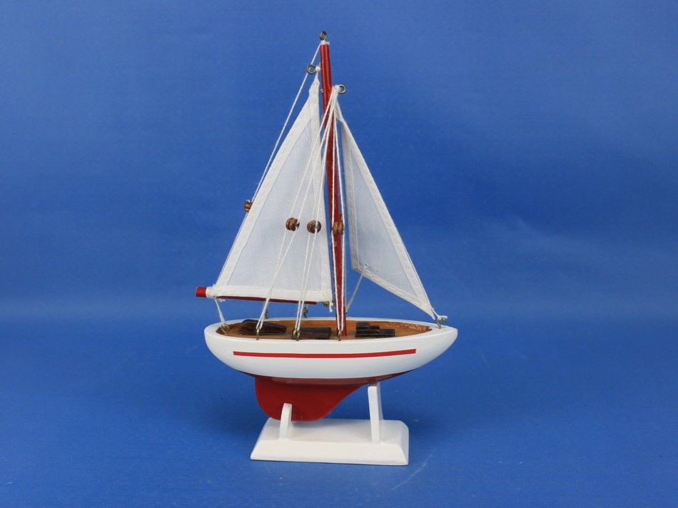 Wooden Red Pacific Sailer Model Sailboat Decoration 9""