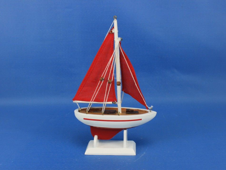 Wooden Red Pacific Sailer with Red Sails Model Sailboat Decoration 9""