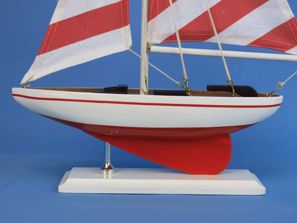 Wooden Red Striped Pacific Sailer Model Sailboat Decoration 17""