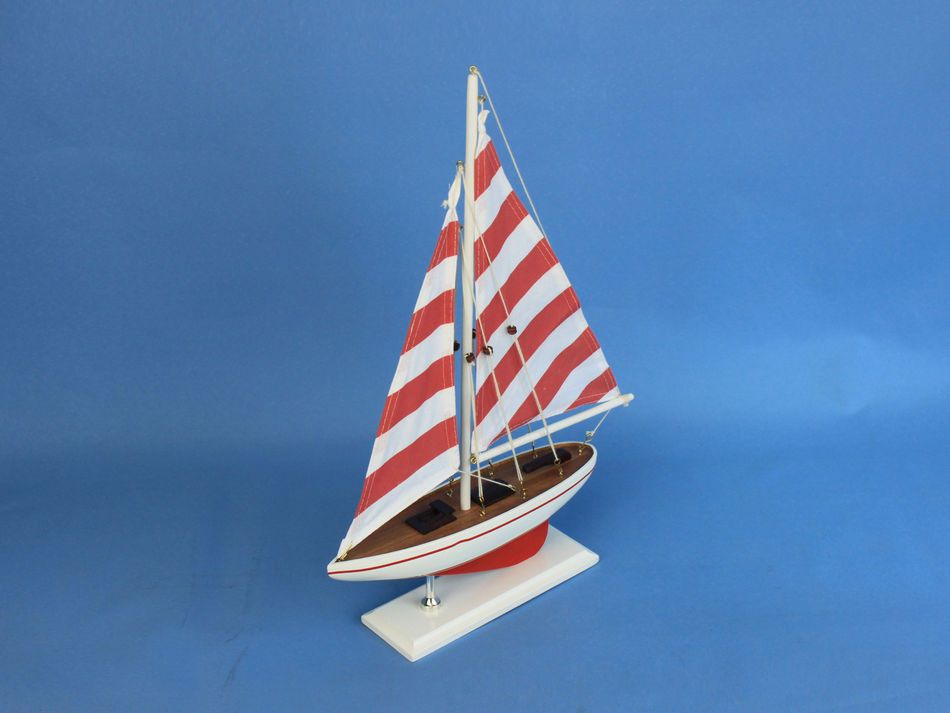Wooden Red Striped Pacific Sailer Model Sailboat Decoration 17""