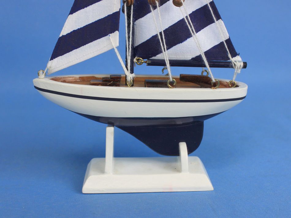 Wooden Blue Striped Pacific Sailer Model Sailboat Decoration 9""