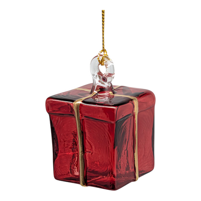 Blown Glass Present Ornament - Red