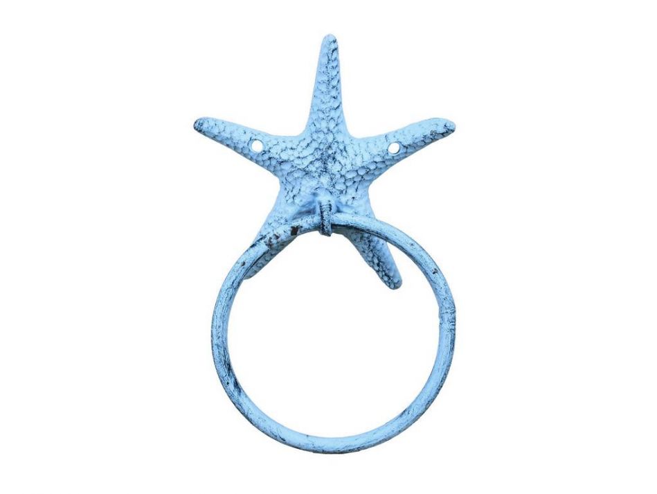 Rustic Dark Blue Whitewashed Cast Iron Starfish Towel Holder 8.5""