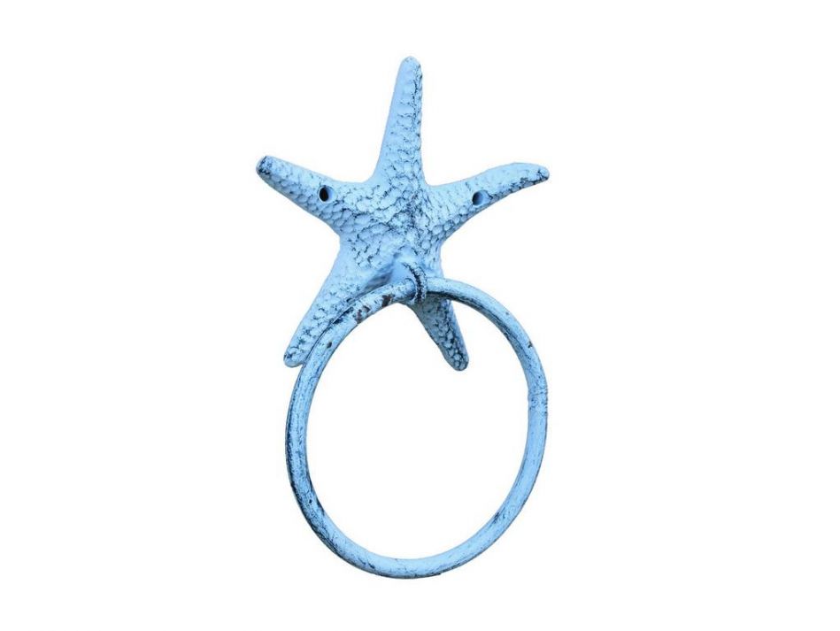 Rustic Dark Blue Whitewashed Cast Iron Starfish Towel Holder 8.5""