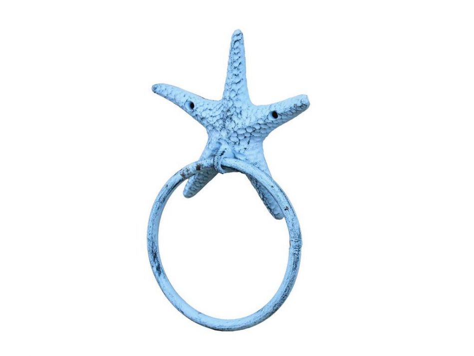 Rustic Dark Blue Whitewashed Cast Iron Starfish Towel Holder 8.5""