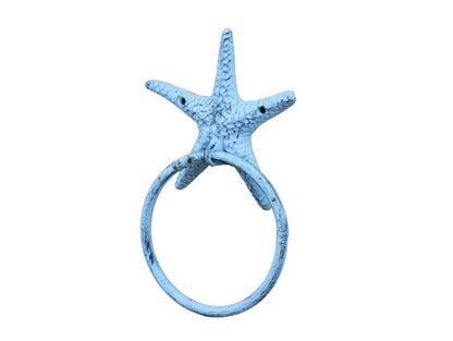 Rustic Dark Blue Whitewashed Cast Iron Starfish Towel Holder 8.5""