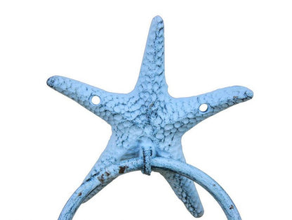 Rustic Dark Blue Whitewashed Cast Iron Starfish Towel Holder 8.5""