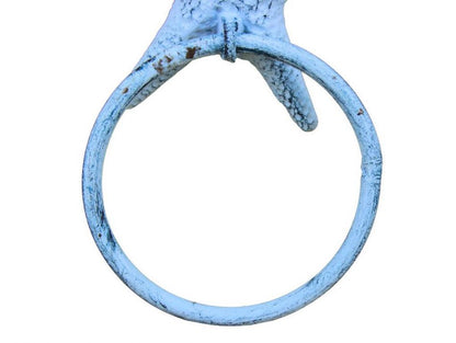 Rustic Dark Blue Whitewashed Cast Iron Starfish Towel Holder 8.5""