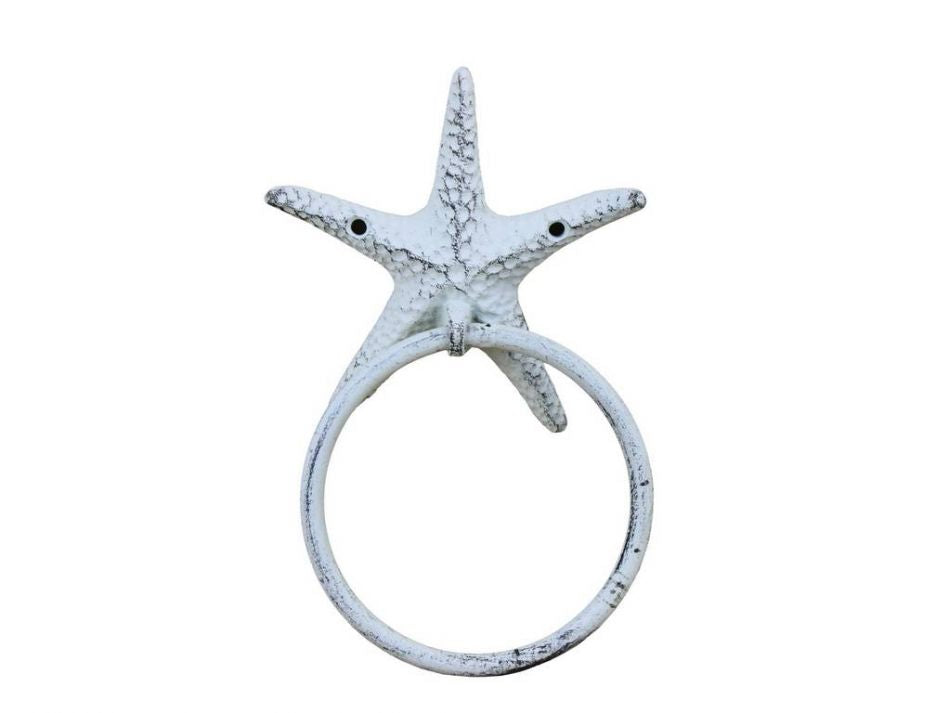 Rustic Whitewashed Cast Iron Starfish Towel Holder 8.5""