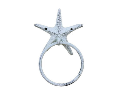 Rustic Whitewashed Cast Iron Starfish Towel Holder 8.5""