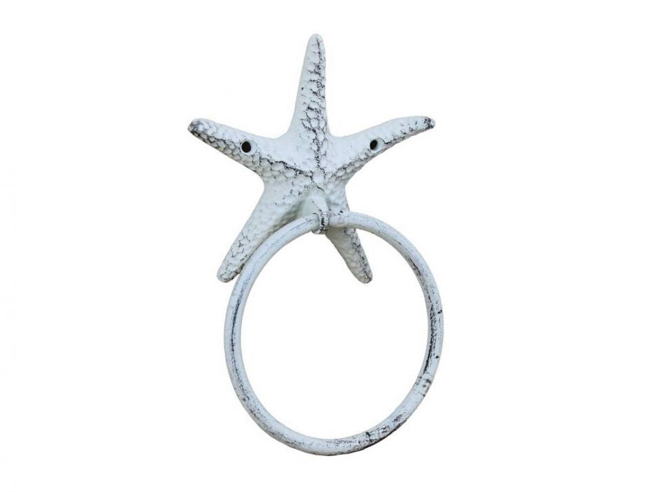 Rustic Whitewashed Cast Iron Starfish Towel Holder 8.5""