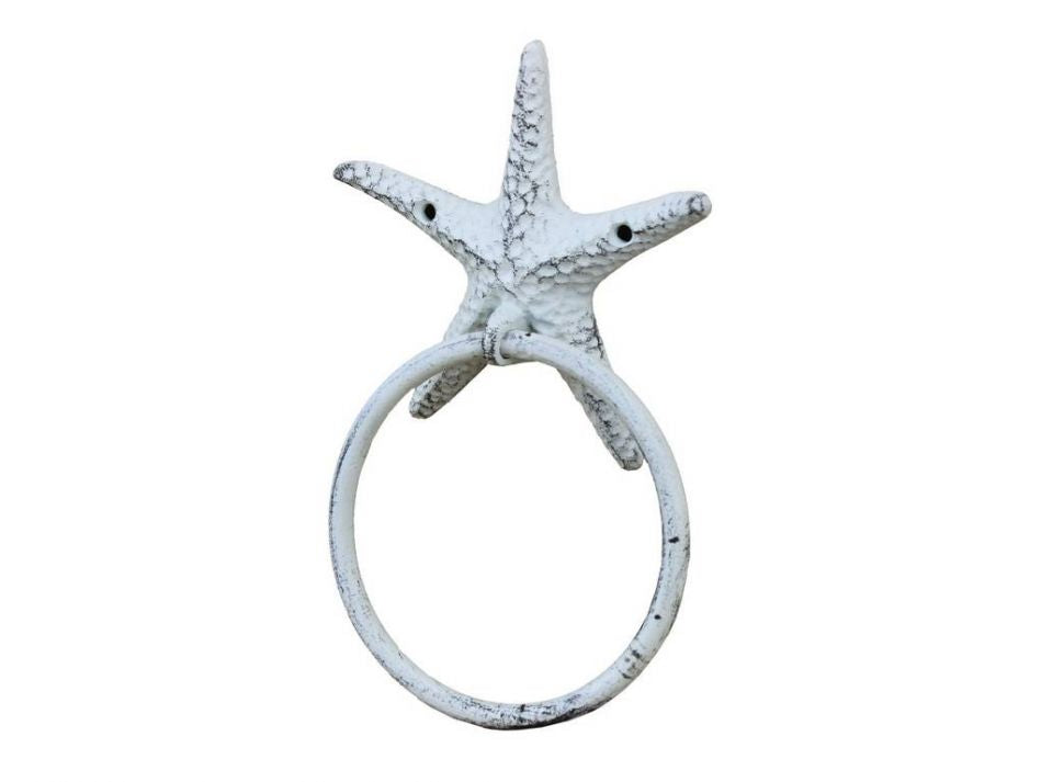 Rustic Whitewashed Cast Iron Starfish Towel Holder 8.5""
