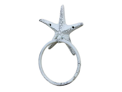 Rustic Whitewashed Cast Iron Starfish Towel Holder 8.5""