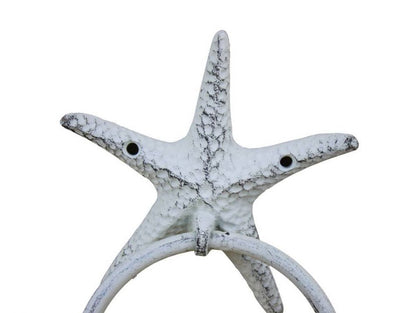 Rustic Whitewashed Cast Iron Starfish Towel Holder 8.5""