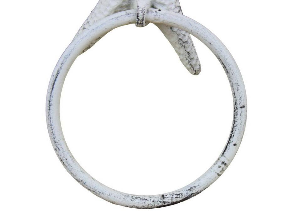 Rustic Whitewashed Cast Iron Starfish Towel Holder 8.5""