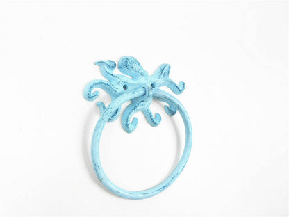 Rustic Dark Blue Whitewashed Cast Iron Octopus Towel Holder 6""