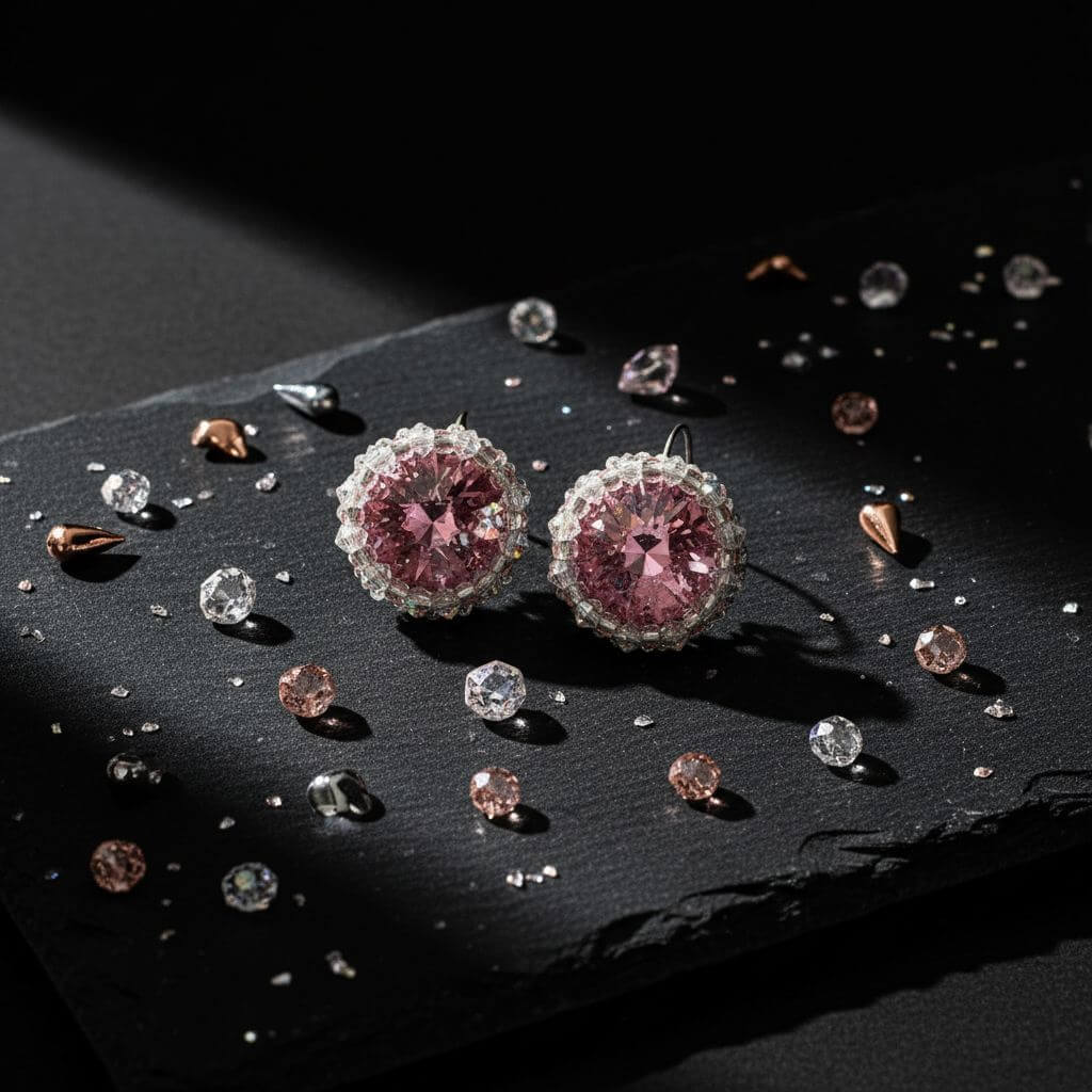 Handmade Beaded Bezel Pink Crystal Halo Earrings