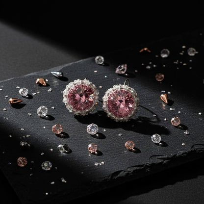Handmade Beaded Bezel Pink Crystal Halo Earrings