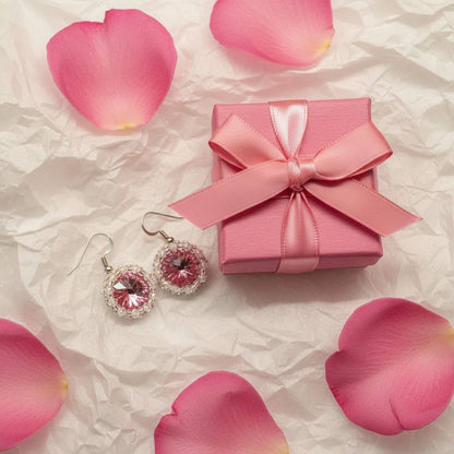 Handmade Beaded Bezel Pink Crystal Halo Earrings