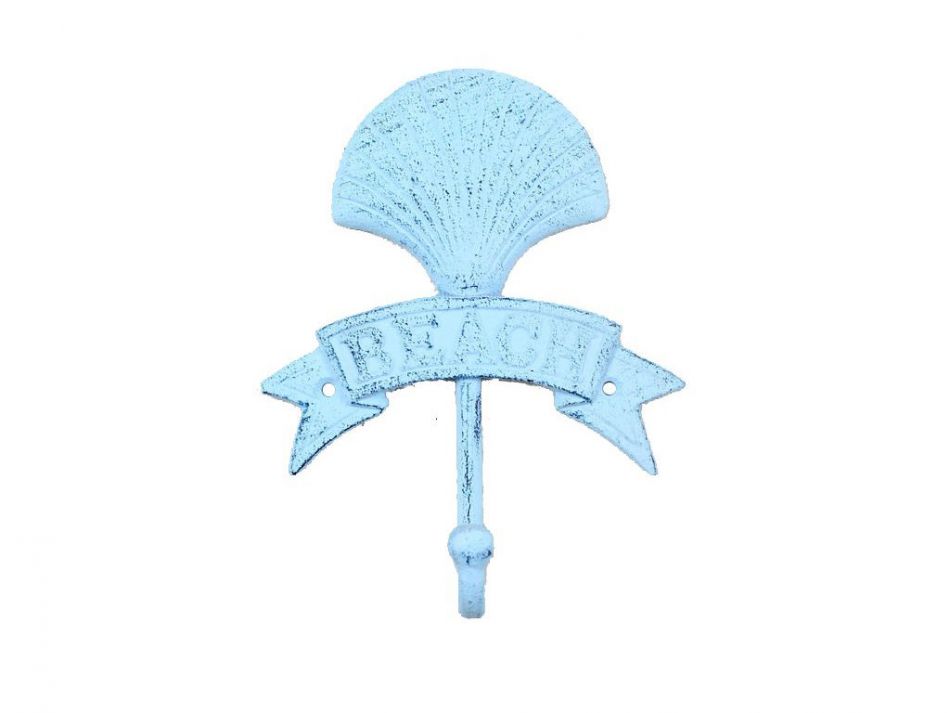 Rustic Dark Blue Whitewashed Cast Iron Seashell Beach Hook 8""