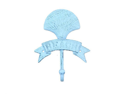 Rustic Dark Blue Whitewashed Cast Iron Seashell Beach Hook 8""