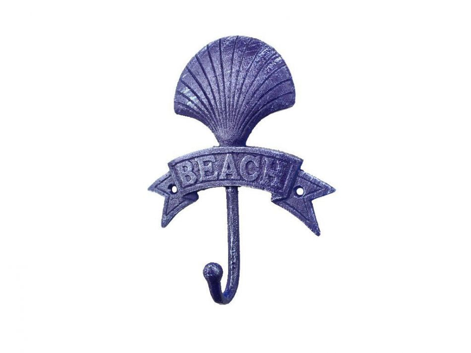 Rustic Dark Blue Cast Iron Seashell Beach Hook 8""