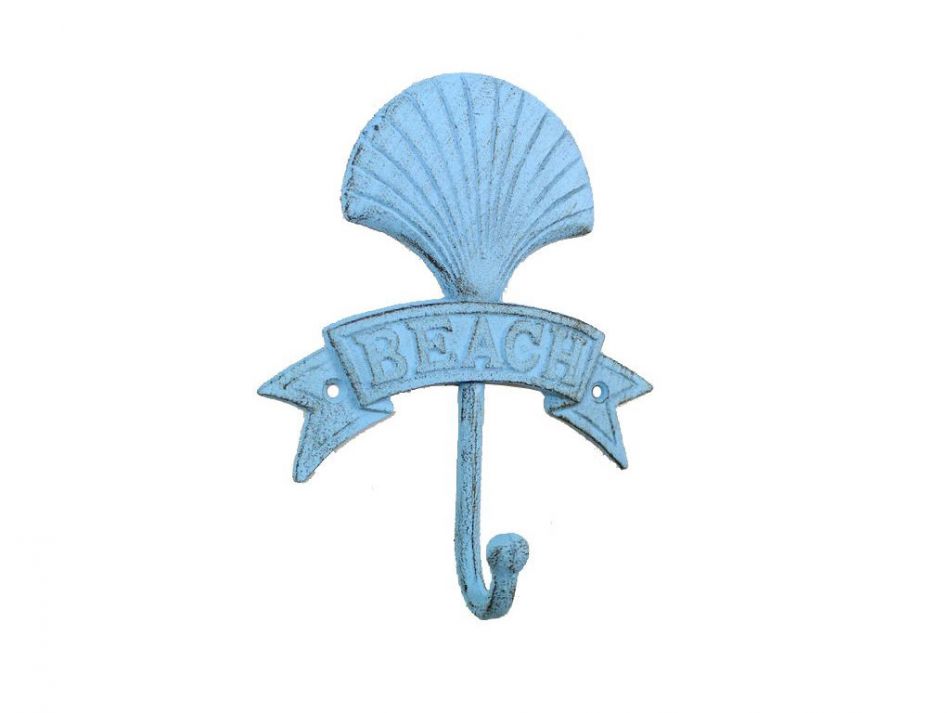 Rustic Light Blue Cast Iron Seashell Beach Hook 8""