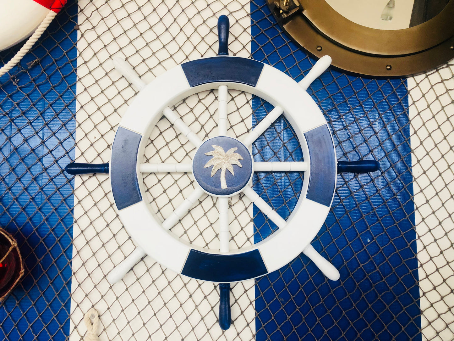 Dark Blue and White Decorative Ship Wheel with Palm Tree 18""