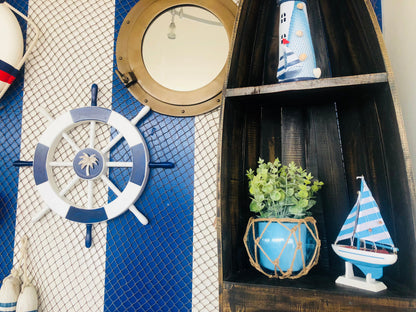Dark Blue and White Decorative Ship Wheel with Palm Tree 18""