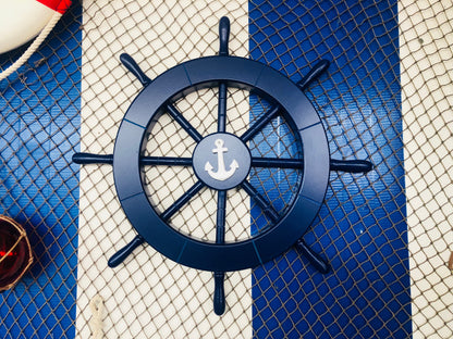 Dark Blue Decorative Ship Wheel with Anchor 18""