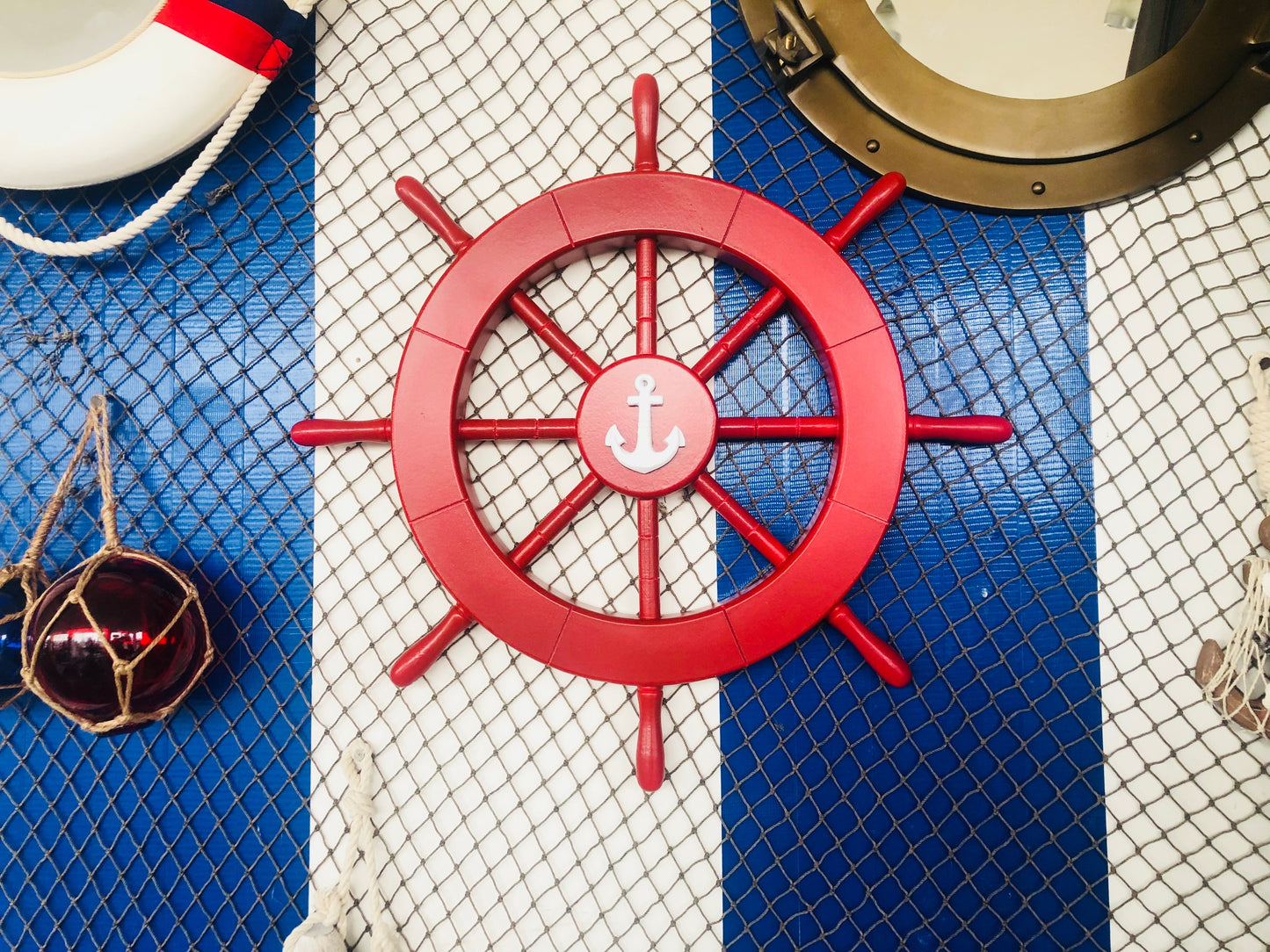Red Ship Decorative Wheel with Anchor 18""