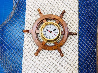 Deluxe Class Wood And Brass Ship Wheel Clock 12""