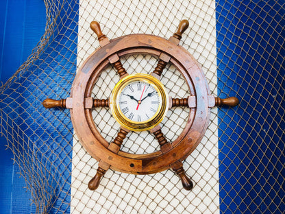 Deluxe Class Wood And Brass Ship Wheel Clock 18""
