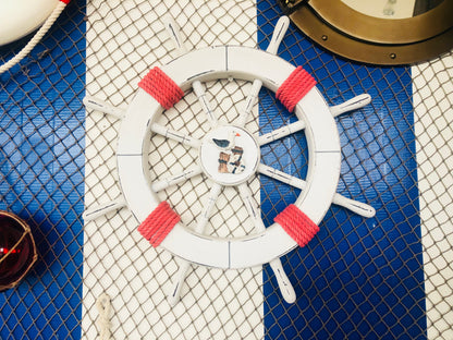 Rustic White Decorative Ship Wheel with Red Rope and Seagull 18""