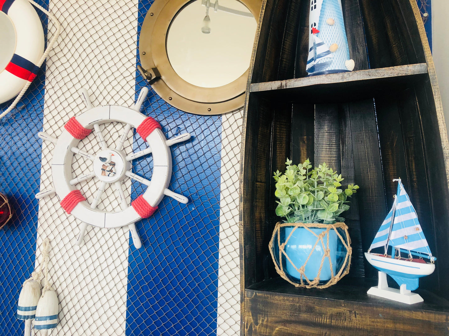 Rustic White Decorative Ship Wheel with Red Rope and Seagull 18""