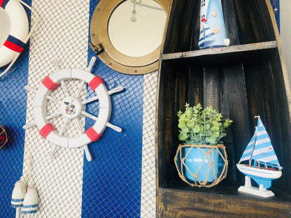 Rustic White Decorative Ship Wheel with Red Rope and Seagull 18""