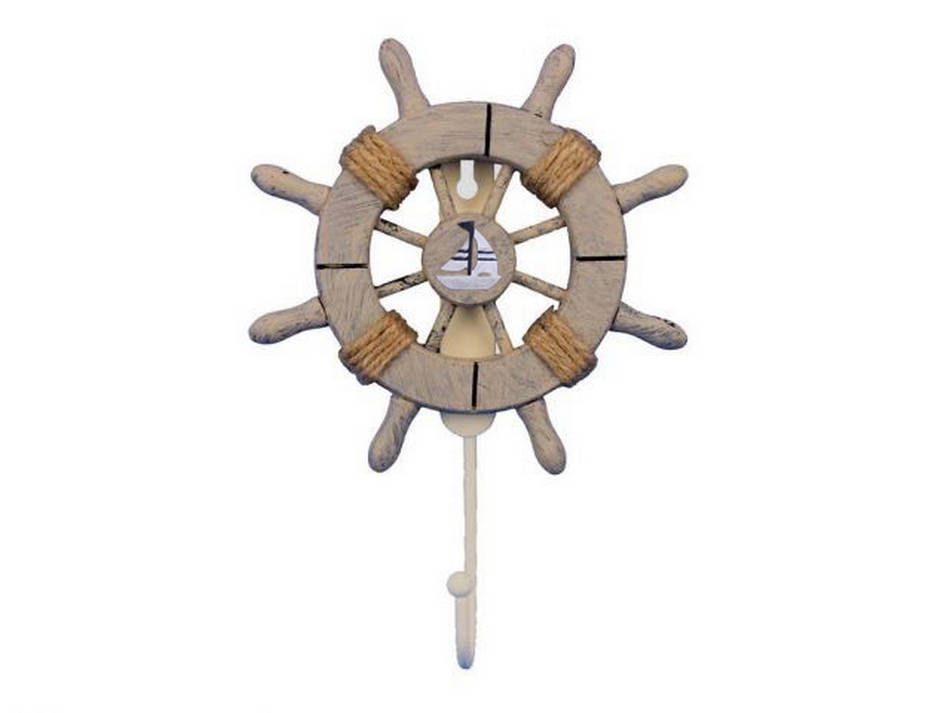Rustic Decorative Ship Wheel With Sailboat and Hook 8""