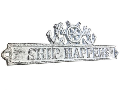Whitewashed Cast Iron Ship Happens Sign with Ship Wheel and Anchors 9""
