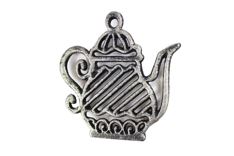 Rustic Silver Cast Iron Teapot Trivet 9""