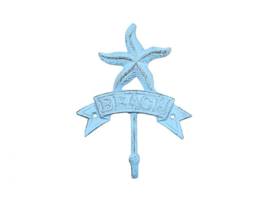 Rustic Light Blue Cast Iron Starfish Beach Hook 8""