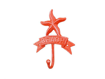Rustic Red Whitewashed Cast Iron Starfish Beach Hook 8""