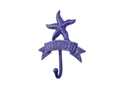 Rustic Dark Blue Cast Iron Starfish Beach Hook 8""
