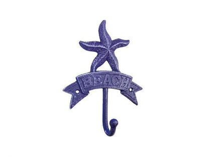 Rustic Dark Blue Cast Iron Starfish Beach Hook 8""