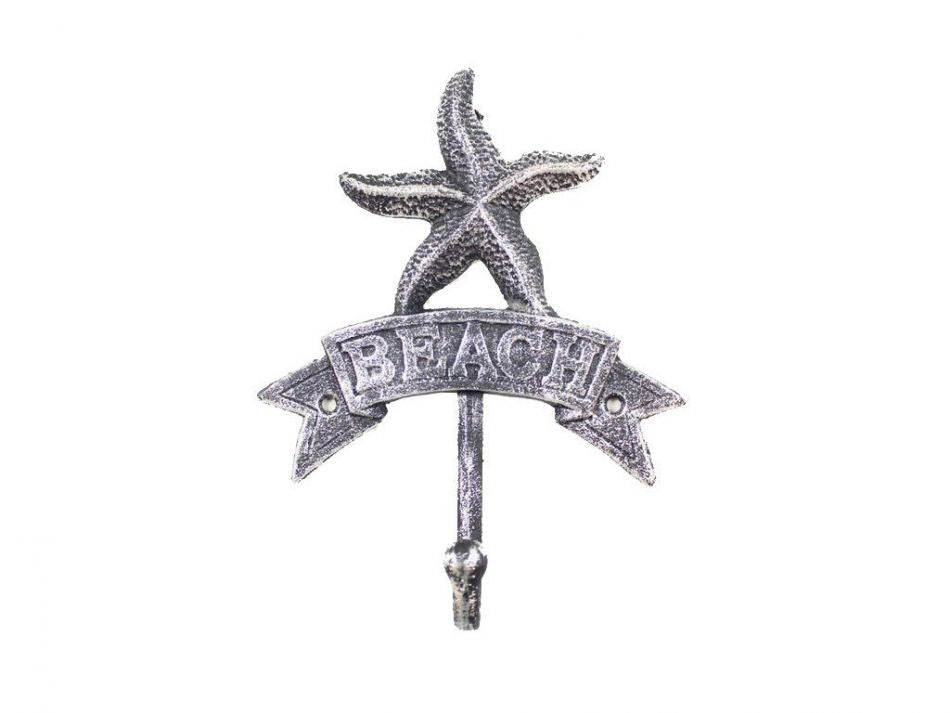 Rustic Silver Cast Iron Starfish Beach Hook 8""