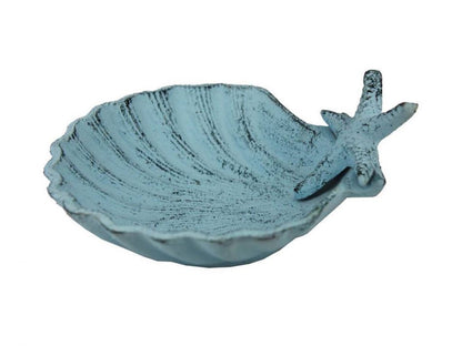 Dark Blue Whitewashed Cast Iron Shell With Starfish Decorative Bowl 6""