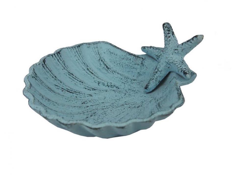 Dark Blue Whitewashed Cast Iron Shell With Starfish Decorative Bowl 6""